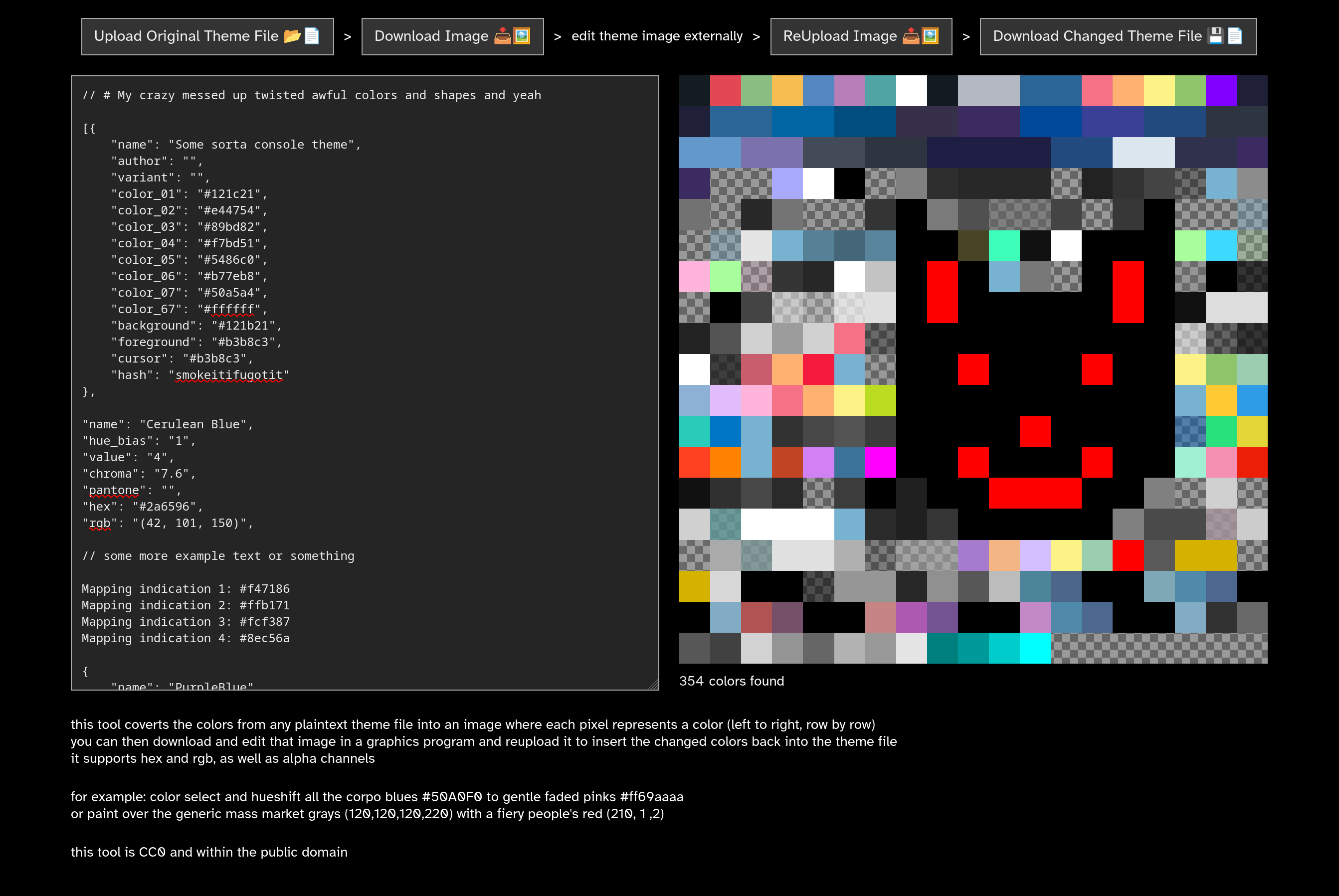 hextranser screenshot showing a theme file next to it's extracted colormap image, a pixel art cat has been draws on the image using a paint program
