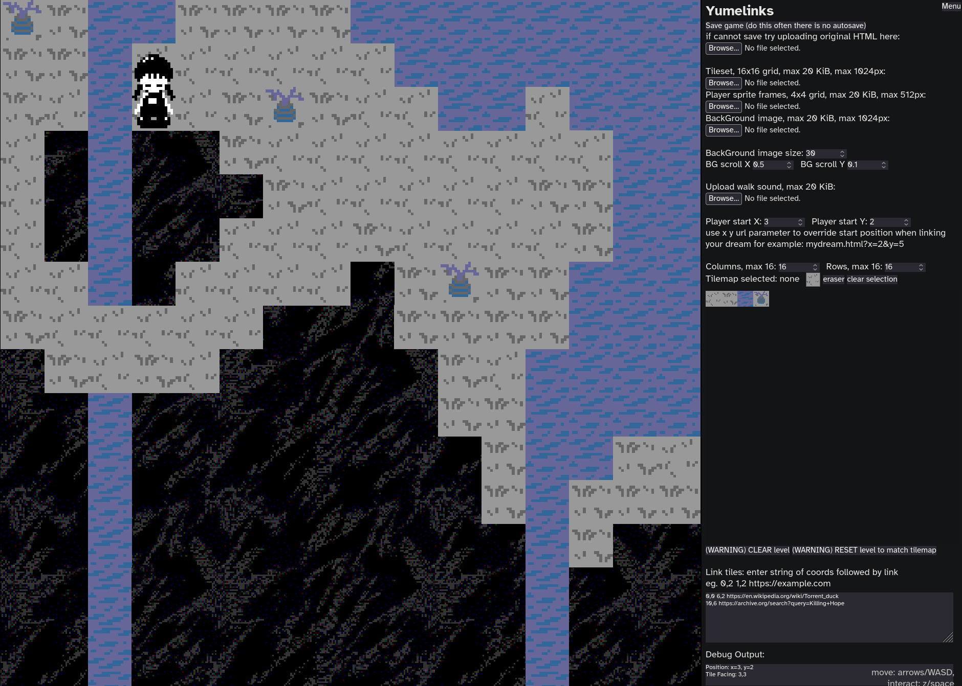 yumelinks screenshot showing a grid based level editor, a pixel art scene of floating island in monocrome exept the blue rivers that flow off into a staticy abyss